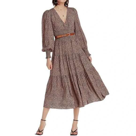 LINI Long Dress Womens Size Large Leopard Cora VNeck Tiered Print Long Sleeve - Picture 3 of 16